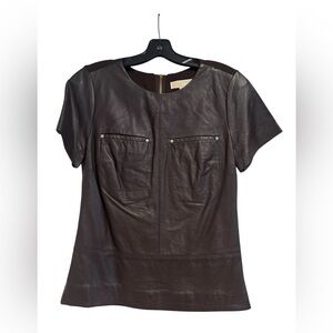 Michael Kors lamb leather Brown and Gold Fitted Short Sleeve Blouse